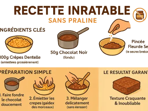 Recette facile pour un croustillant de crêpes dentelle et chocolat noir. Ingrédients : crêpes dentelle émiettées, chocolat fondu, fleur de sel. Préparation simple.