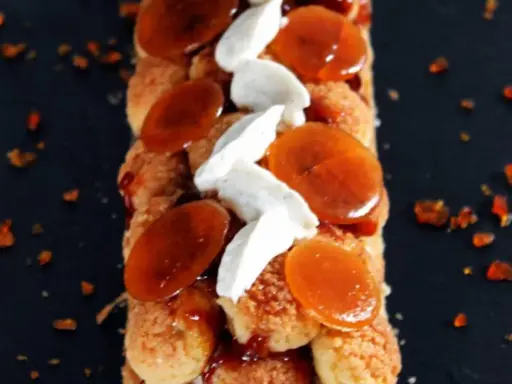 Bûche Saint Honoré gourmande, garnie de choux craquelins, crème onctueuse et éclats de caramel ambré. Un délice visuel et gustatif.