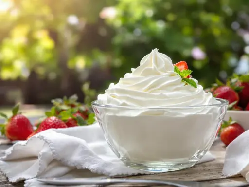 Un bol de crème chantilly qui tient longtemps, garni d'une fraise et d'une feuille de menthe, entouré de fraises fraîches.
