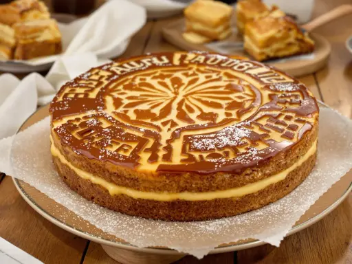 Gâteau basque aux ingrédients traditionnels, garni de crème pâtissière et nappé de caramel.