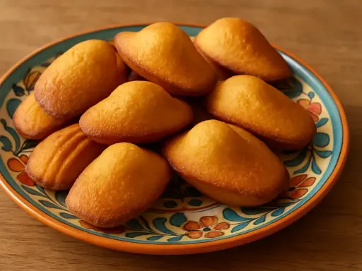 Assiette colorée de madeleines dorées, parfaites pour des recettes de madeleines maison.