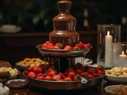 Fontaine à chocolat en action, entourée de fraises fraîches et de guimauves. Une recette gourmande pour un dessert inoubliable.