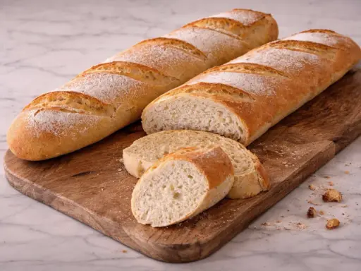 Deux baguettes dorées, tout juste sorties du four, reposent sur une planche en bois. Une est coupée en tranches, révélant une mie aérée.