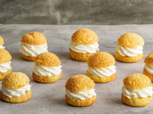 Douzaines de choux garnis de crème fouettée, prêts à être dégustés. La cuisson pâte à choux au four traditionnel ou chaleur tournante donne ce résultat parfait.