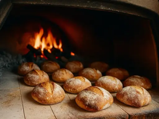 Des pains dorés attendent leur temps de cuisson du pain au four, avec des flammes vives en arrière-plan.