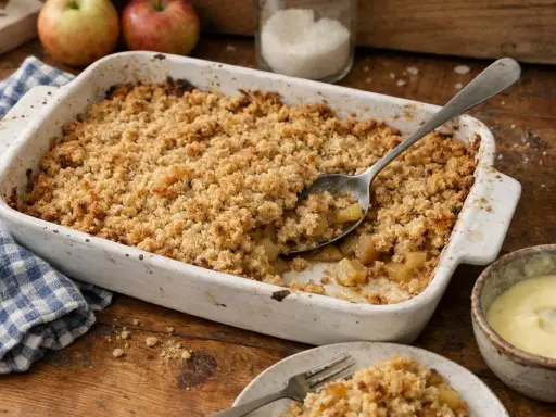 Un plat de meilleur crumble aux pommes tout juste sorti du four, avec une cuillère prête à servir. Des pommes fraîches et une crème anglaise complètent ce délice.