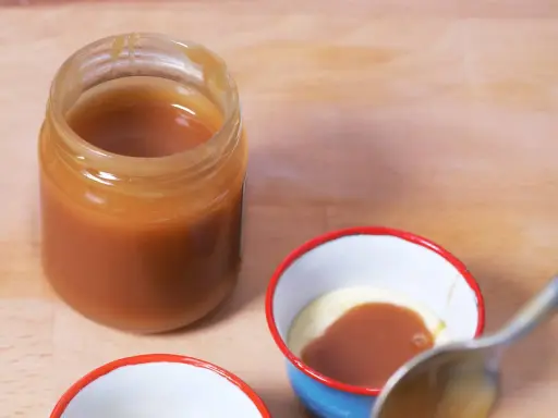 Un pot de caramel beurre salé sans beurre demi sel, prêt à être dégusté. Une cuillère est sur le point de plonger dans une petite coupelle de crème et de caramel.