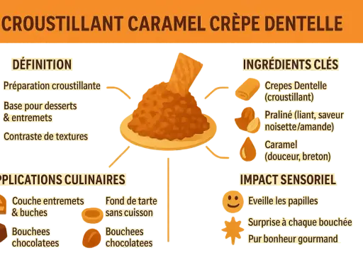 Un croustillant caramel crêpe dentelle, idéal pour desserts et entremets, offrant un contraste de textures.