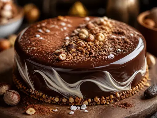 Un magnifique entremet chocolat noisette, glacé et décoré de noisettes croquantes et de cacao. Un délice visuel et gustatif.