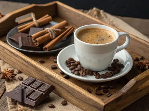 Une tasse de café fumante, du chocolat noir, des grains de café, de la cannelle et de l'anis étoilé sur un plateau en bois. Un délice moka chocolat.