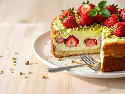 Gâteau fraisier pistache, garni de fraises fraîches et de pistaches concassées. Une part est coupée, révélant des rondelles de fraises à l'intérieur.