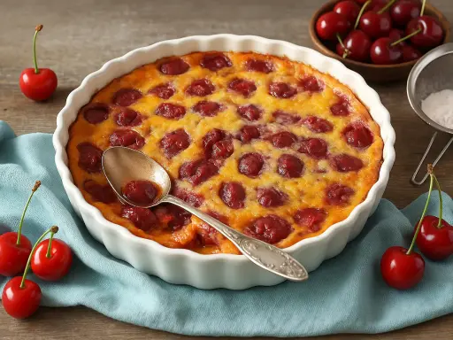 Clafoutis aux cerises, tout juste sorti du four. La cuisson chaleur tournante ou traditionnelle a donné cette belle couleur dorée.