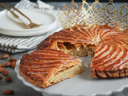 Galette des Rois dorée, garnie d'une généreuse crème d'amande. Une part est coupée, révélant sa texture feuilletée.