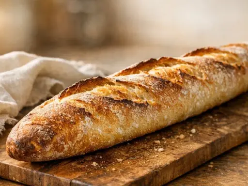 Une belle baguette dorée sur une planche en bois. On pourrait la mettre au frigo pour le conserver, mais elle sera meilleure dégustée fraîche.