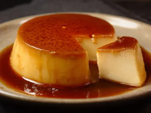 Crème renversée on a plate, with a slice cut out, glistening with caramel sauce.