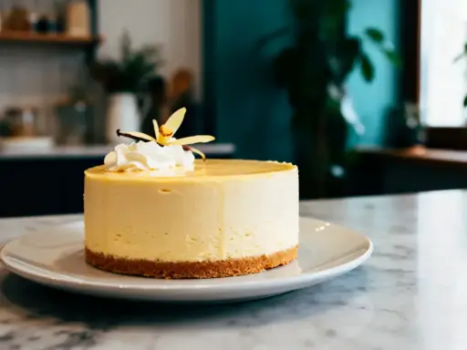 Gâteau rond et crémeux, une délicieuse mousse vanille sur une base biscuitée, couronné de chantilly et d'une fleur de vanille.