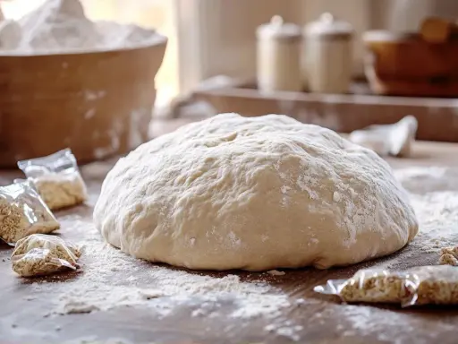 Pâte à brioche sur une table en bois, entourée de sachets de levure. Idéal pour savoir comment rattraper une pâte à brioche qui ne monte pas.