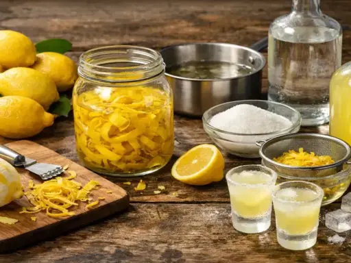 Préparation d'une recette avec limoncello : citrons, zestes, sucre, alcool et deux verres prêts à déguster.
