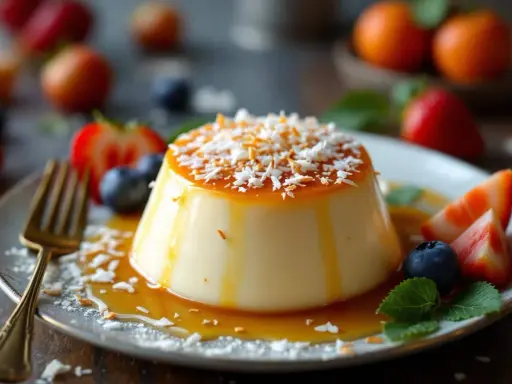 Un délicieux flan coco, nappé de caramel et garni de noix de coco râpée, servi avec des fraises et des myrtilles.