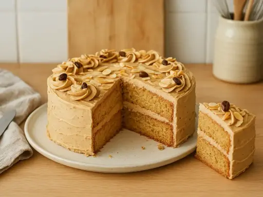 Un délicieux gâteau moka à deux étages, garni de crème au café, d'amandes effilées et de grains de café. Une part est déjà coupée.