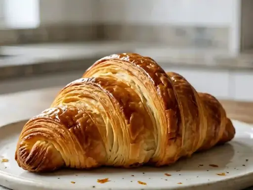 Un croissant doré et feuilleté, prêt à être dégusté. La pâte à croissant est parfaite pour un petit-déjeuner gourmand.