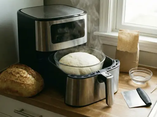 Pâte à pain levée dans un bol, prête à cuire dans une friteuse à air. Le temps pour faire lever une pâte au four est court, mais ici, elle est déjà prête.