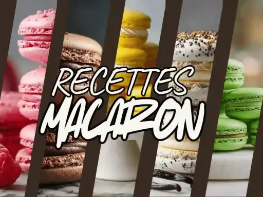 Des macarons roses, bruns, jaunes, blancs et verts empilés. Le texte "Recettes Macaron" est superposé.