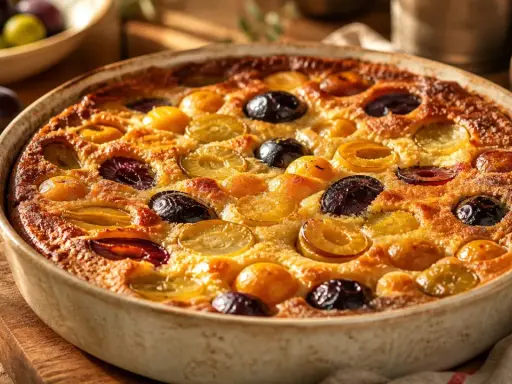 Un délicieux clafoutis aux pruneaux, doré et moelleux, sort du four. Des fruits entiers et coupés parsèment la pâte onctueuse.