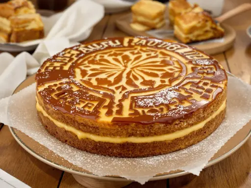 Un délicieux gâteau basque à la crème pâtissière, nappé de caramel et saupoudré de sucre glace.