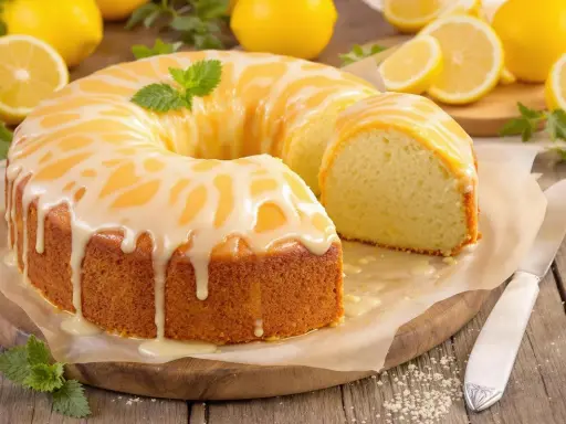 Un délicieux gâteau au citron, nappé d'un glaçage blanc et décoré de menthe fraîche. Une part a été coupée, révélant sa texture moelleuse.