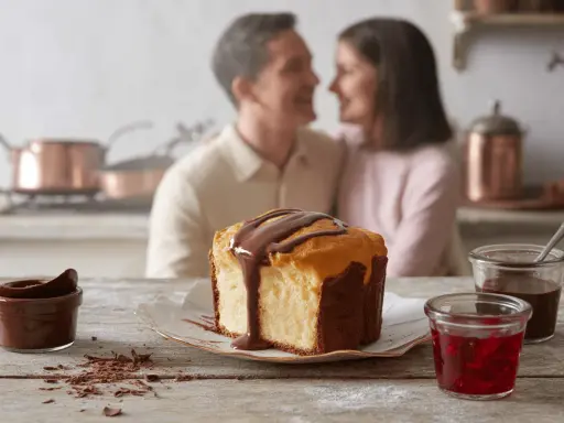 Un couple partage un moment tendre en cuisine, devant un gâteau marbré arrosé de chocolat. Une recette barquette chocolat parfaite pour un moment gourmand.
