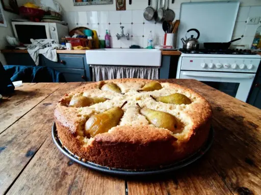 Gâteau aux poires cuites, une recette de grand-mère réconfortante. Les poires fondantes sont nichées dans une pâte dorée.