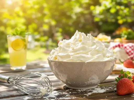 Chantilly aérienne dans un bol, fouet, fraises et limonade sur une table en bois ensoleillée.