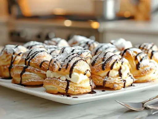 Plate of profiteroles vraie recette, dusted with powdered sugar and drizzled with chocolate sauce. A delicious dessert!