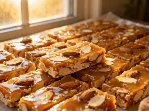 Des barres de nougatine aux amandes, dorées et brillantes, disposées près d'une fenêtre ensoleillée.