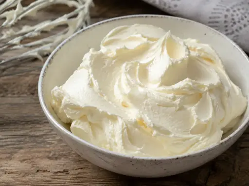 Un bol rempli de crème au beurre professionnelle, onctueuse et aérienne, prête à être utilisée pour des décorations pâtissières.