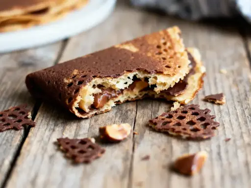 Un biscuit croquant au chocolat, garni de crème onctueuse, repose sur un fond de bois rustique. Des éclats de chocolat et des noisettes complètent cette gourmandise.