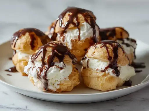 Des profiteroles gourmands, des petites boules de pâte à choux garnies de crème fouettée et nappées de chocolat noir fondant.