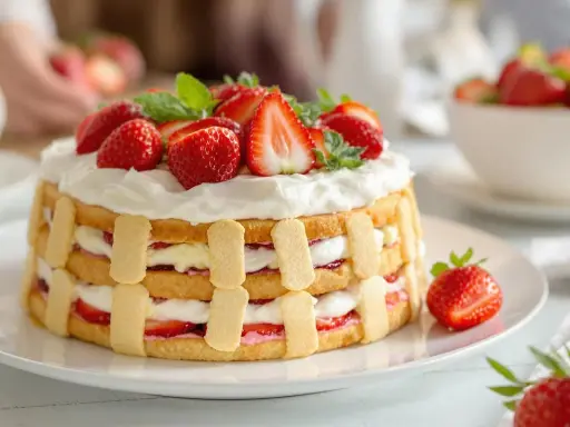 Charlotte aux fraises et crème pâtissière, un délice estival garni de fruits frais et de chantilly.