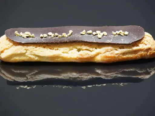 Un délicieux éclair au chocolat, garni de petits éclats dorés, repose sur une surface réfléchissante.