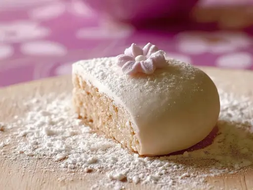 Gâteau recouvert de pâte à sucre, saupoudré de sucre glace. Une petite fleur en pâte à sucre décore le dessus. Parfait pour une recette de pâte à sucre.