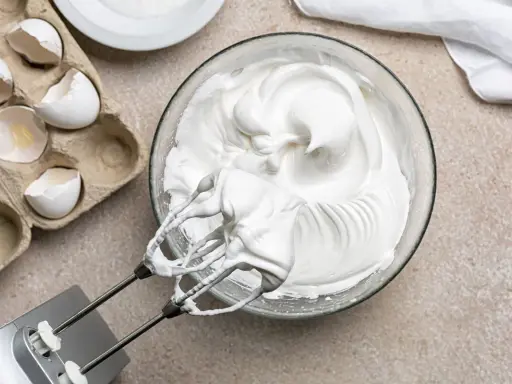 Meringue aérienne, blanc en neige, prête pour une recette gourmande. Des coquilles d'œufs vides à côté témoignent du travail.