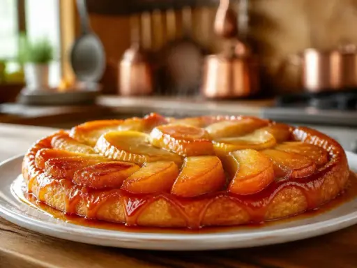 Tarte Tatin aux pommes, dorée et brillante, baignant dans un caramel onctueux. Un délice gourmand prêt à être dégusté.
