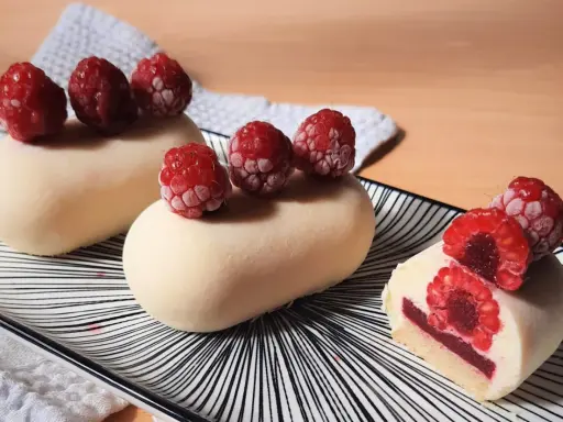 Entremets vanille-framboise sur assiette rayée, décorés de framboises fraîches.