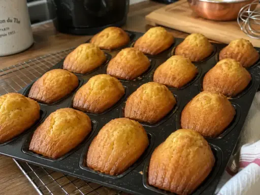 Une plaque de madeleines dorées sortant du four. Parfait pour une recette madeleines facile et gourmande.