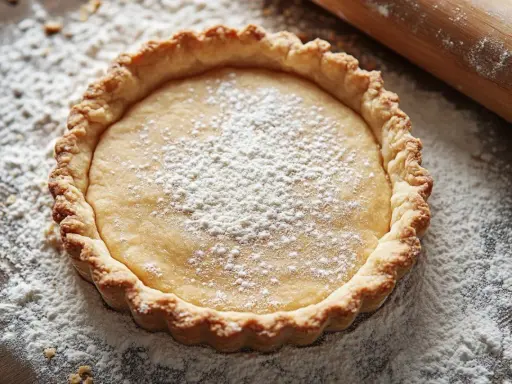 Tarte à la pâte feuilletée cuite à blanc, saupoudrée de sucre glace. Le temps de cuisson est parfait pour cette croûte dorée.