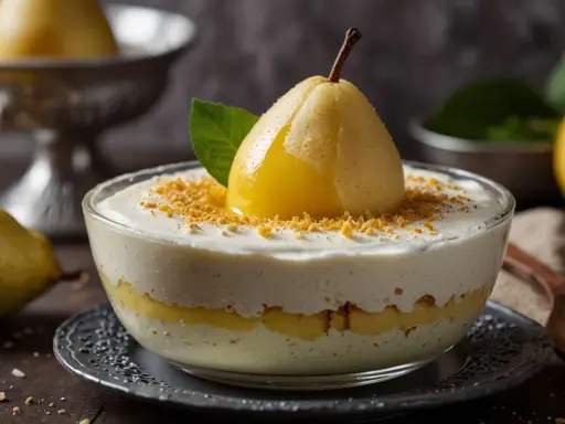 Délicieuse mousse à la poire sans gélatine, garnie d'une poire pochée et de miettes croustillantes. Un dessert léger et fruité.