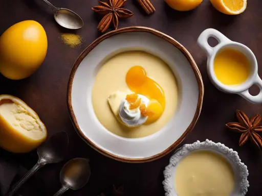 Un bol de crème anglaise 1 litre, garni de crème fouettée et d'orange confite, entouré d'oranges, d'épices et de cuillères.
