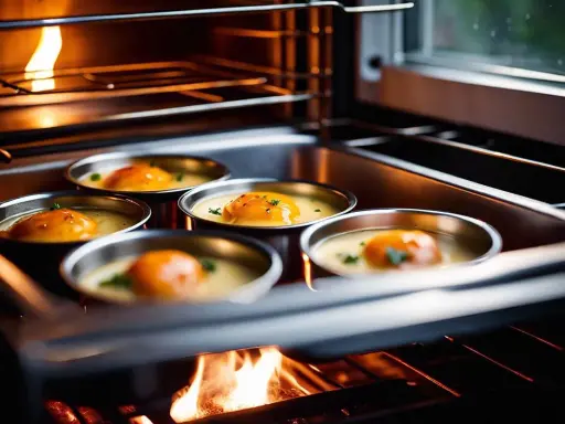 Cinq ramequins avec des œufs pochés dans un bain-marie au four, la flamme du four visible en bas.