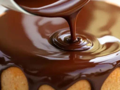 Un glaçage chocolat caramel coule sur un gâteau. La texture lisse et brillante promet un délice gourmand.